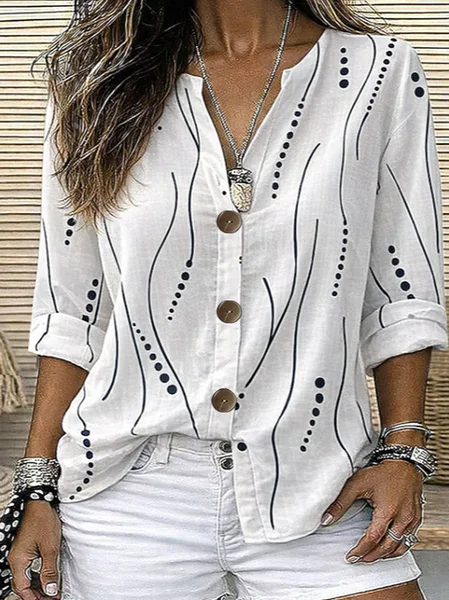 Women Abstract Stand Collar Long Sleeve Shirt Buckle Casual Daily Spring/Fall Top JustFashionNow
