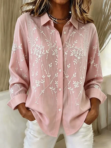 Women Leaf Shirt Collar Long Sleeve Shirt Buckle Regular Sleeve Casual Daily Spring/Fall Top JustFashionNow