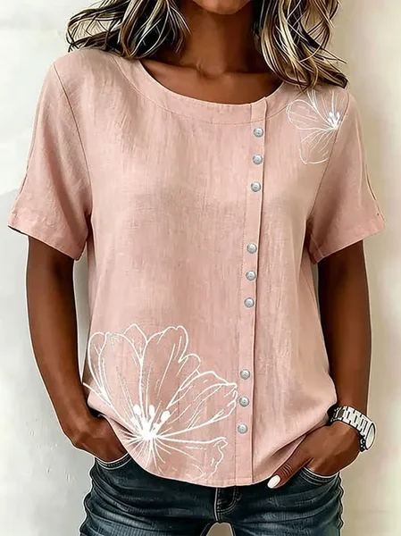 Women Floral Crew Neck Short Sleeve Shirt Printing Casual Daily Summer Top JustFashionNow