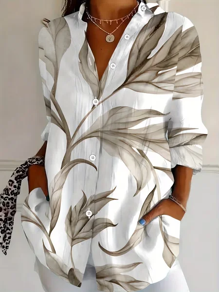 Women Plants Shirt Collar Long Sleeve Shirt Buckle Regular Sleeve Casual Daily Spring/Fall Top JustFashionNow