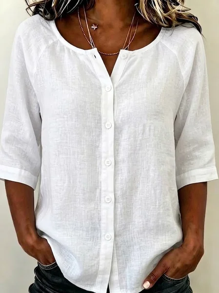 Women Plain Crew Neck Half Sleeve Shirt Buckle Casual Daily Summer Top JustFashionNow