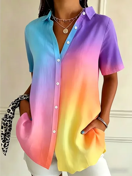 Women Ombre Shirt Collar Short Sleeve Shirt Printing Casual Daily Summer Top JustFashionNow