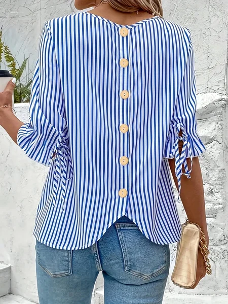 Women Striped Half Sleeve Shirt Summer Crew Neck Daily Vintage Top JustFashionNow