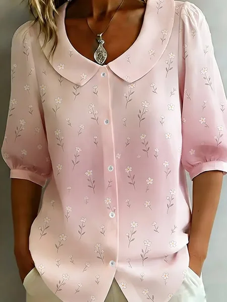 Women Floral Shawl Collar Half Sleeve Shirt Printing Casual Daily Summer Top JustFashionNow