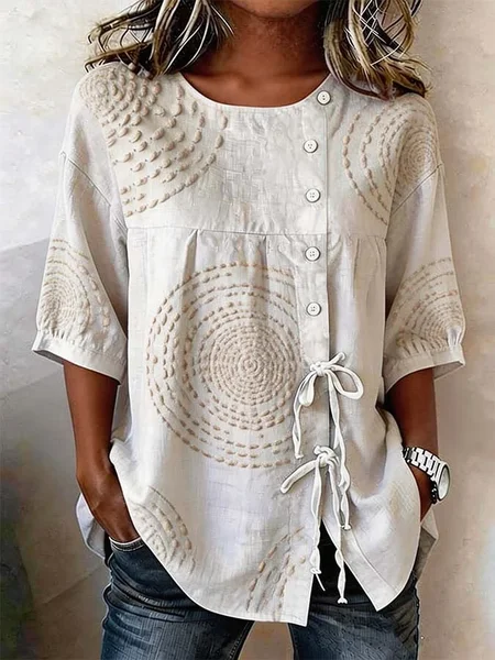 Women Abstract Crew Neck Half Sleeve Shirt Vintage Daily Summer Top JustFashionNow