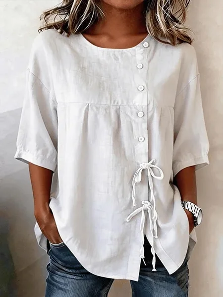Women Plain Crew Neck Half Sleeve Shirt Vintage Daily Summer Top JustFashionNow