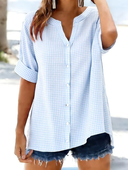 Women Plaid V Neck Short Sleeve Shirt Printing Casual Daily Summer Top JustFashionNow