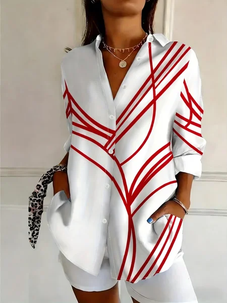 Women Abstract Long Sleeve Shirt Spring/Fall Buckle Shirt Collar Regular Sleeve Daily Casual Top JustFashionNow
