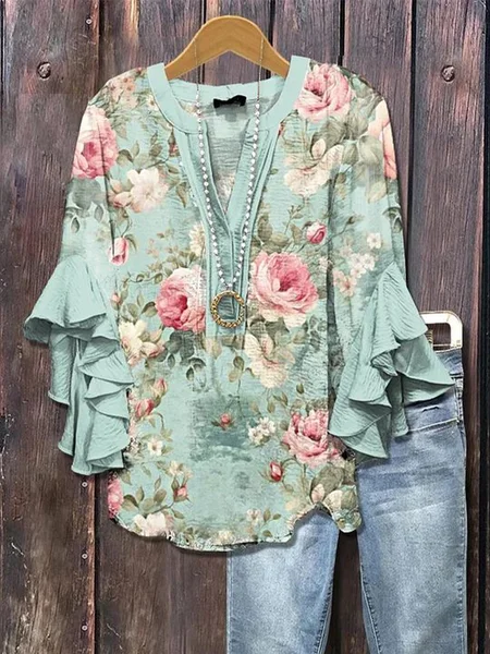 Women Floral Half Sleeve Shirt Summer Printing V Neck Daily Casual Top JustFashionNow