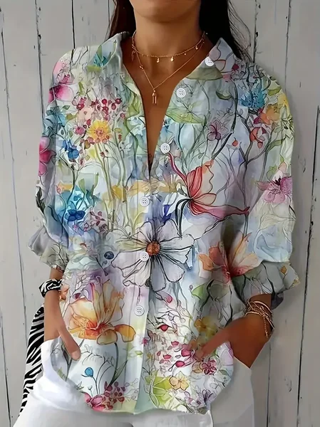 Women Floral Three Quarter Sleeve Shirt Spring/Fall Printing Shirt Collar Daily Casual Top JustFashionNow