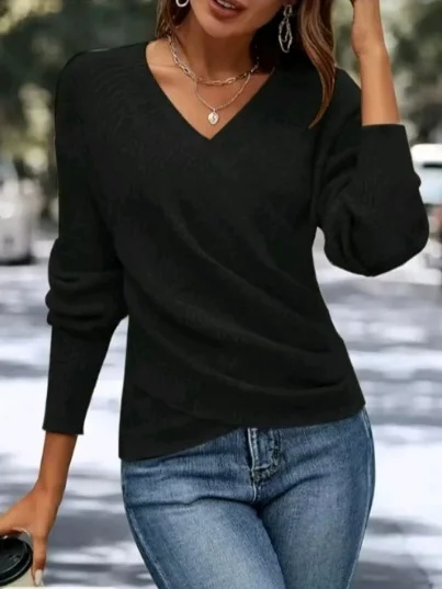 Women Plain Split Joint Street Long Sleeve V Neck Cotton-Blend Spring/Fall Sweater JustFashionNow