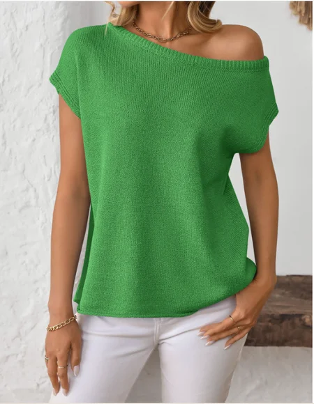 Women's knitwear Y2K summer knit sweater curved beaded ice silk fabric knitted pullover oblique shoulder round neck top JustFashionNow