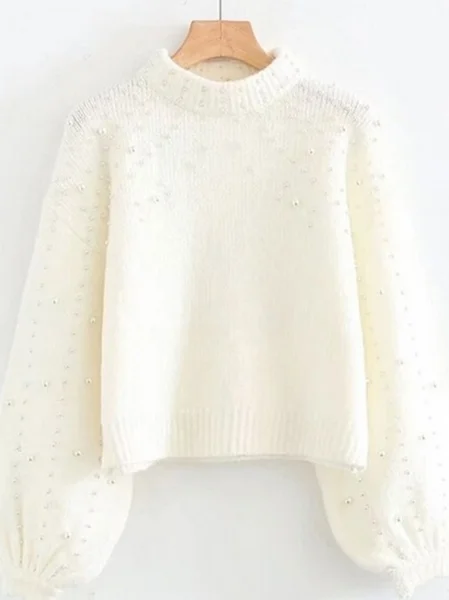 Women Plain Beaded Winter Street Balloon Sleeve Long Sleeve Mock Neck Cotton-Blend Sweater JustFashionNow