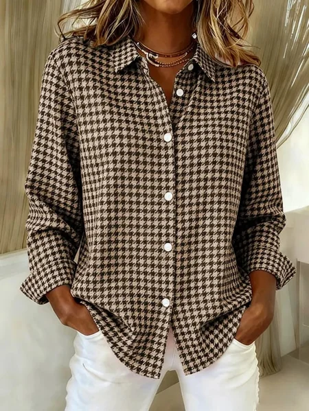 Women Houndstooth Shirt Collar Long Sleeve Shirt Buckle Regular Sleeve Casual Daily Spring/Fall Top JustFashionNow