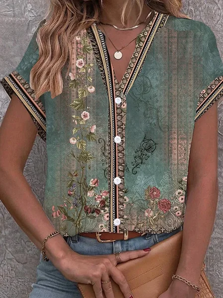 Women's Short Sleeve Shirt Summer Floral Printing V Neck Daily Going Out Casual Top JustFashionNow