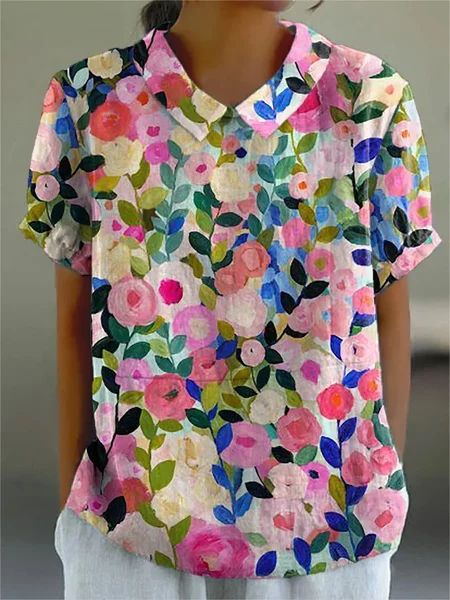Women Floral Short Sleeve Shirt Summer Printing Shawl Collar Daily Casual Top JustFashionNow
