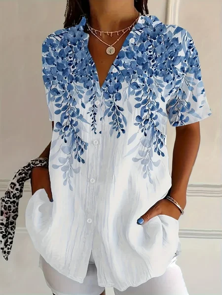 Women Floral Short Sleeve Shirt Summer Printing Shirt Collar Daily Casual Top JustFashionNow