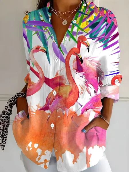 Women Flamingo Shirt Collar Long Sleeve Shirt Buckle Regular Sleeve Casual Daily Spring/Fall Top JustFashionNow