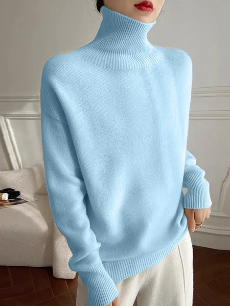 Women Plain Split Joint Winter Street Long Sleeve Turtleneck Sweater JustFashionNow