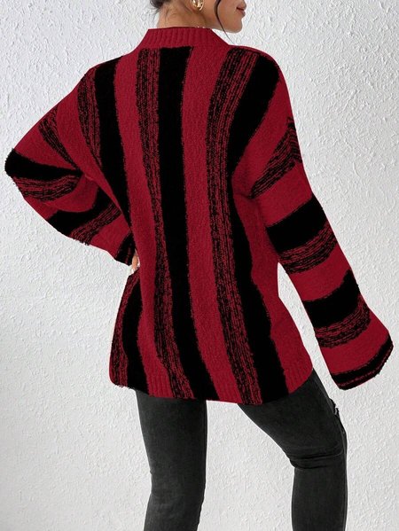 Women Striped Split Joint Winter Casual Long Sleeve Crew Neck Sweater JustFashionNow