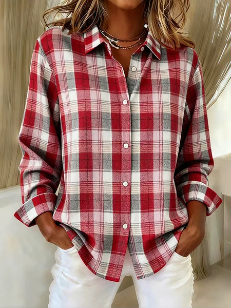 Women Plaid Long Sleeve Shirt Spring/Fall Buckle Shirt Collar Regular Sleeve Daily Casual Top JustFashionNow