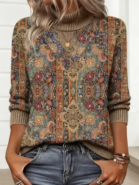 Women Geometric Winter Vintage Long Sleeve Turtleneck Sweater JustFashionNow