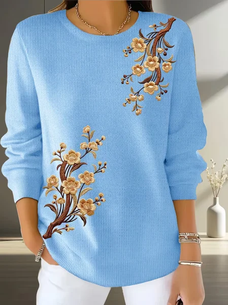 Women Floral Printing Spring/Fall Casual Long Sleeve Crew Neck Sweater JustFashionNow