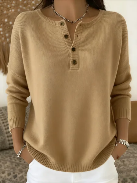 Women Plain Spring/Fall Casual Long Sleeve Henley Collar Cotton Sweater JustFashionNow