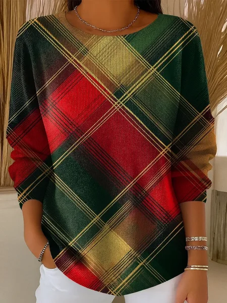 Women Plaid Printing Spring/Fall Casual Long Sleeve Crew Neck Sweater JustFashionNow
