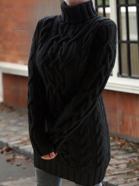 Women Plain Jacquard Winter Street Long Sleeve Mock Neck Sweater JustFashionNow
