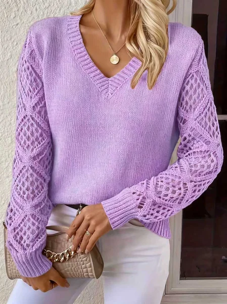 Women Plain Jacquard Winter Casual Long Sleeve V Neck Wool Sweater JustFashionNow
