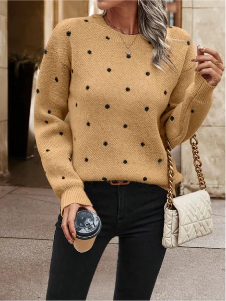 Women Polka Dots Printing Winter Casual Long Sleeve Crew Neck Sweater JustFashionNow