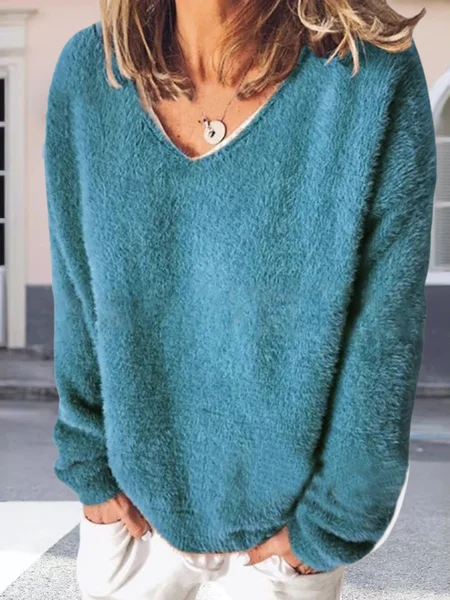 Women Plain Split Joint Winter Street Long Sleeve V Neck Sweater JustFashionNow