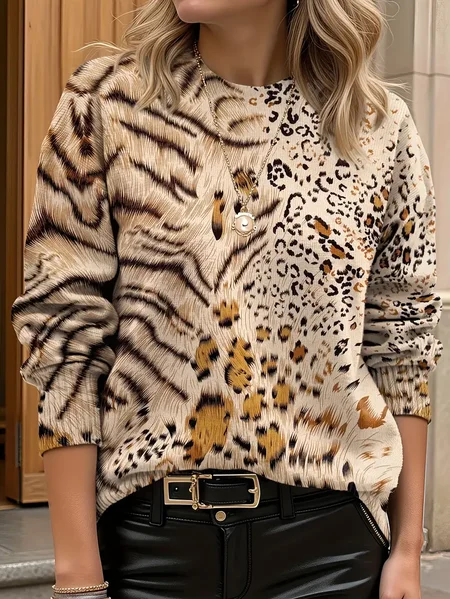 Women Leopard Printing Spring/Fall Casual Long Sleeve Crew Neck Sweater JustFashionNow