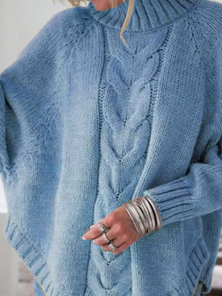 Women Plain Jacquard Winter Street Dolman Sleeve Long Sleeve Mock Neck Sweater JustFashionNow