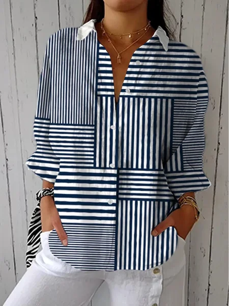 Women Striped Three Quarter Sleeve Shirt Spring/Fall Printing Shirt Collar Daily Casual Top JustFashionNow