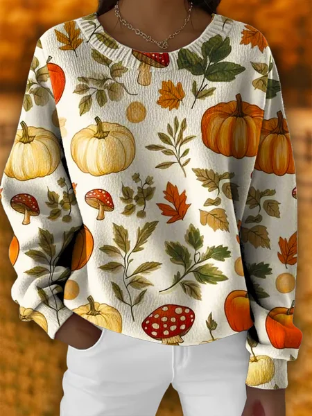 Women Floral Printing Spring/Fall Casual Long Sleeve Crew Neck Knitted Sweater JustFashionNow