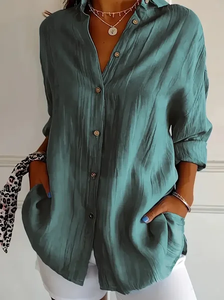 Women Plain Long Sleeve Shirt Spring/Fall Buckle Shirt Collar Regular Sleeve Daily Casual Top JustFashionNow