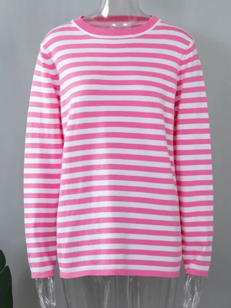 Women Striped Split Joint Spring/Fall Street Long Sleeve Crew Neck Sweater JustFashionNow