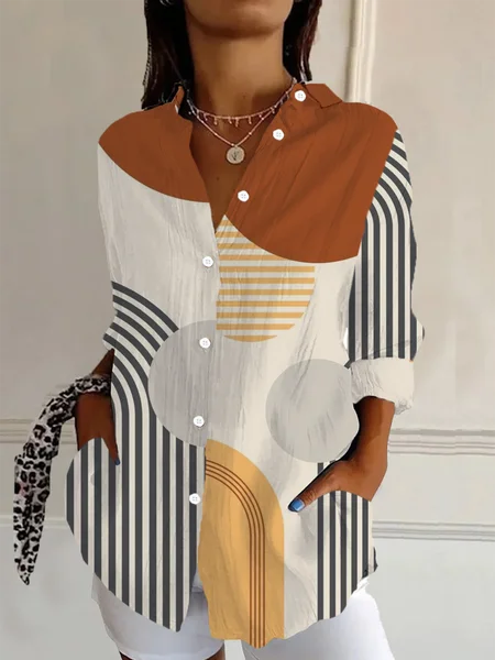 Women's Long Sleeve Shirt Spring/Fall Striped Buckle Shirt Collar Daily Going Out Casual Top JustFashionNow