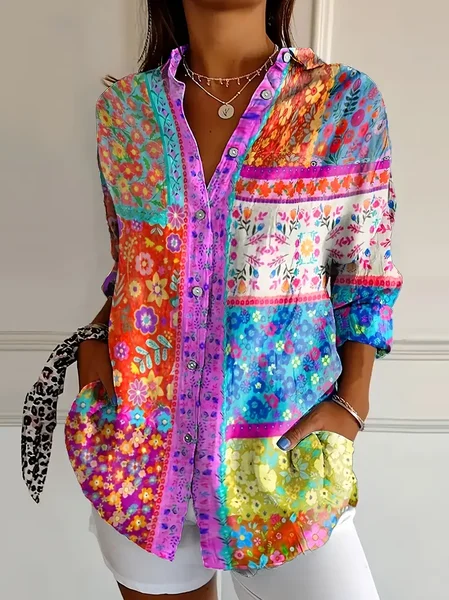 Women's Floral Long Sleeve Shirt Spring/Fall Buckle Shirt Collar Daily Casual Top JustFashionNow