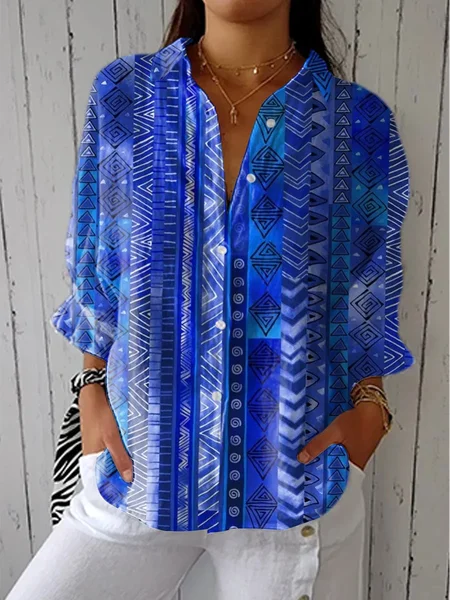 Women Geometric Three Quarter Sleeve Shirt Spring/Fall Printing Shirt Collar Daily Casual Top JustFashionNow