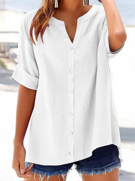 Women Plain Short Sleeve Shirt Summer Printing V Neck Daily Casual Top JustFashionNow