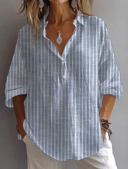 Women Striped Long Sleeve Shirt Spring/Fall Printing Shirt Collar Daily Casual Top JustFashionNow