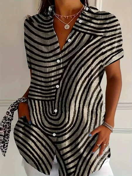 Women Abstract Stripes Short Sleeve Shirt Summer Printing Shirt Collar Daily Casual Top JustFashionNow