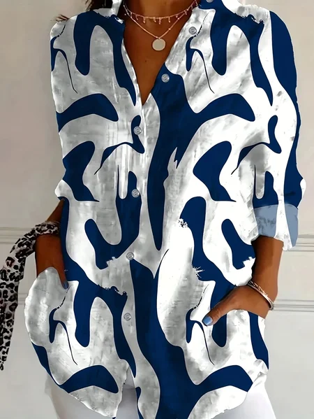Women Abstract Long Sleeve Shirt Spring/Fall Buckle Shirt Collar Daily Casual Top JustFashionNow