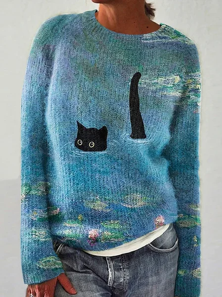 Women's Winter 3D Printing Casual Long Sleeve Crew Neck Knitted Sweater JustFashionNow