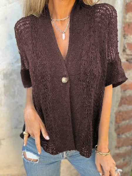 V Neck Hollow Out Casual Knit Top JustFashionNow