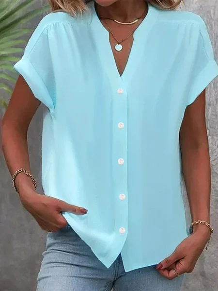 Women's Plain Short Sleeve Shirt Summer Buckle V Neck Daily Casual Top JustFashionNow