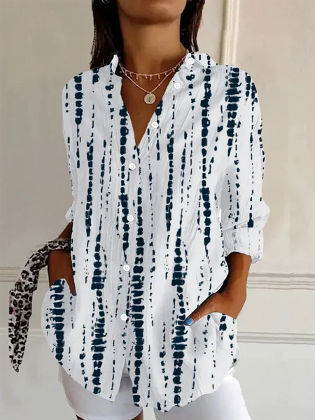 Women's Striped Long Sleeve Shirt Spring/Fall Buckle Shirt Collar Daily Casual Top JustFashionNow